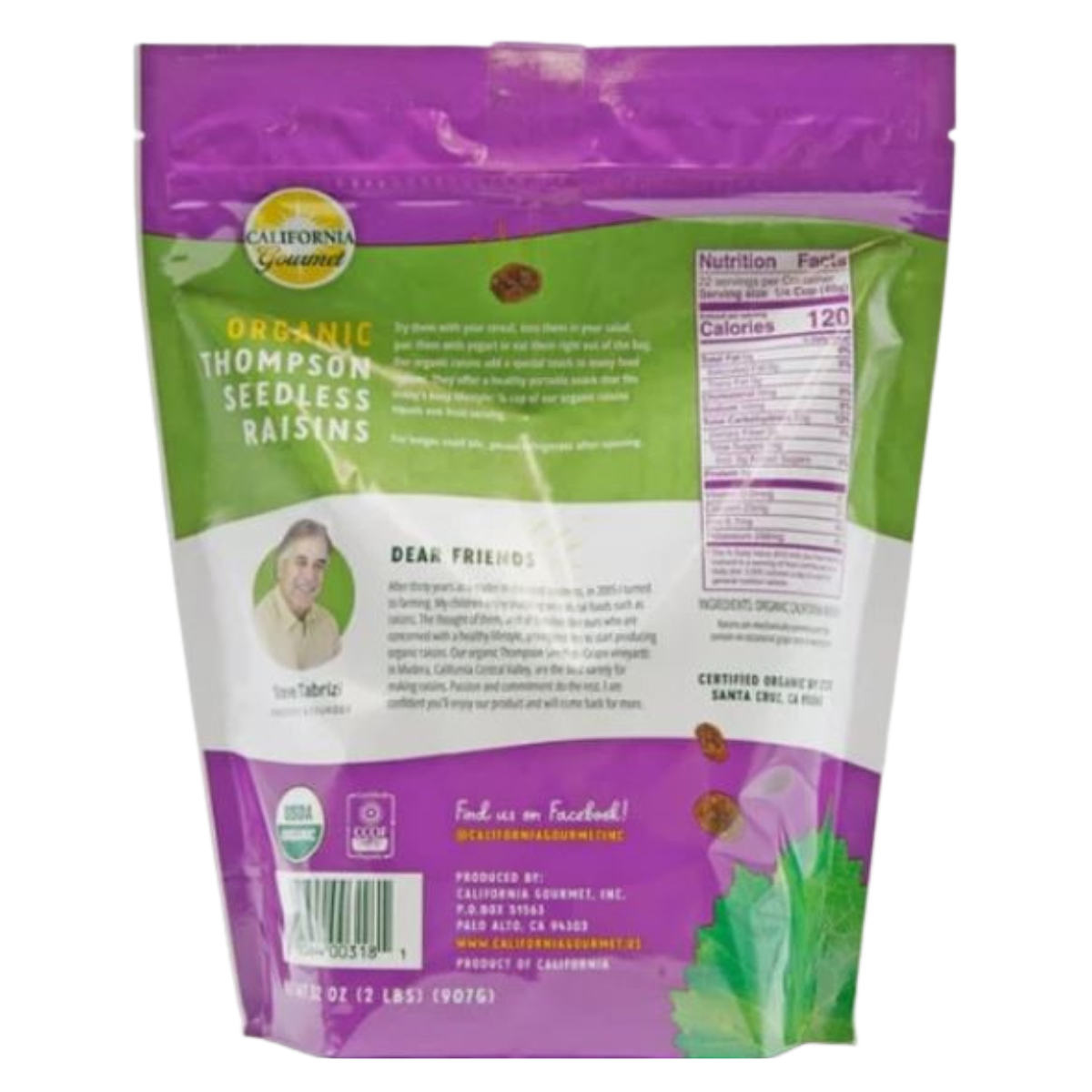 Organic California Gourmet - Seedless Raisins.- 2 Lbs./Each Pk.