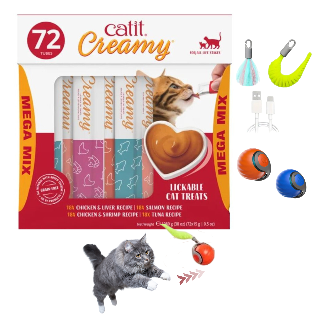 Catit Creamy Cat Treats 72 Ct + Smart Electric Cat Toy Ball –(Color May Vary)