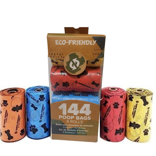 144 Bags - 8 Rolls, Earth Friendly Waste bags. Compostable and Biodegradable Waste Colorful Leak-Proof, for Dogs or Cats. 9”X13”