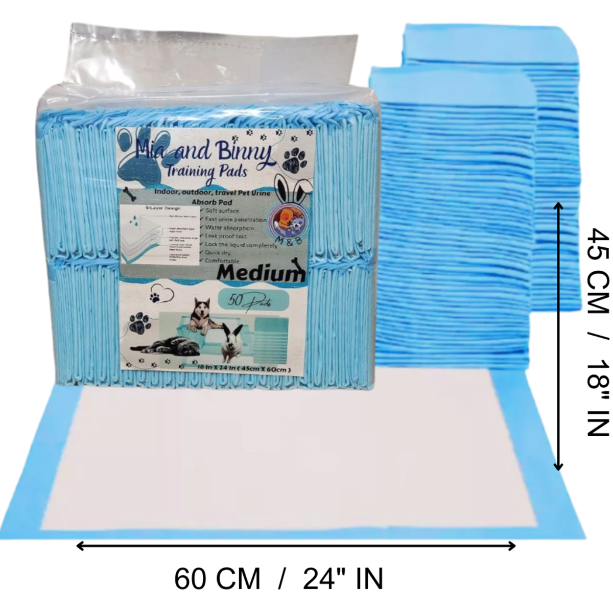 6-Layer Multiple uses Blue Pee Pads, Disposable Pet Training Pads