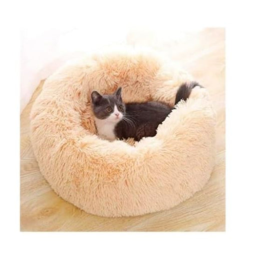 Calming and Anti-Anxiety Pet Bed for Dogs, Cats, & Rabbits. Washable Donut Round Pet Bed with Fluffy Faux Fur for Indoor Pets, 24x24 inch.