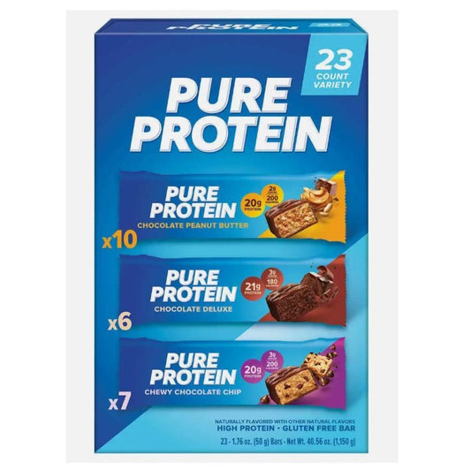 Pure Protein Bars, Variety Pack with Chocolate Peanut Butter, Chocolate Deluxe, Chewy Choco Chip, 1.76 oz, 23-count