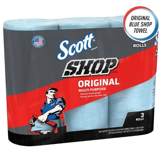 Scott Shop Towels Original (75143), Blue Towel, 9.4'x11' Wipe, 55 Sheets per Roll. Pack of 3